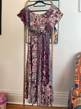 Jaase Pink and Burgundy Boho Off-Shoulder Midi Dress